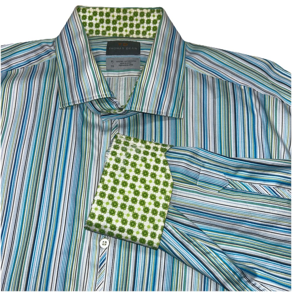 Thomas Dean 100% Pima Cotton Long Sleeve Flip Cuff Button Up Bright Stripes